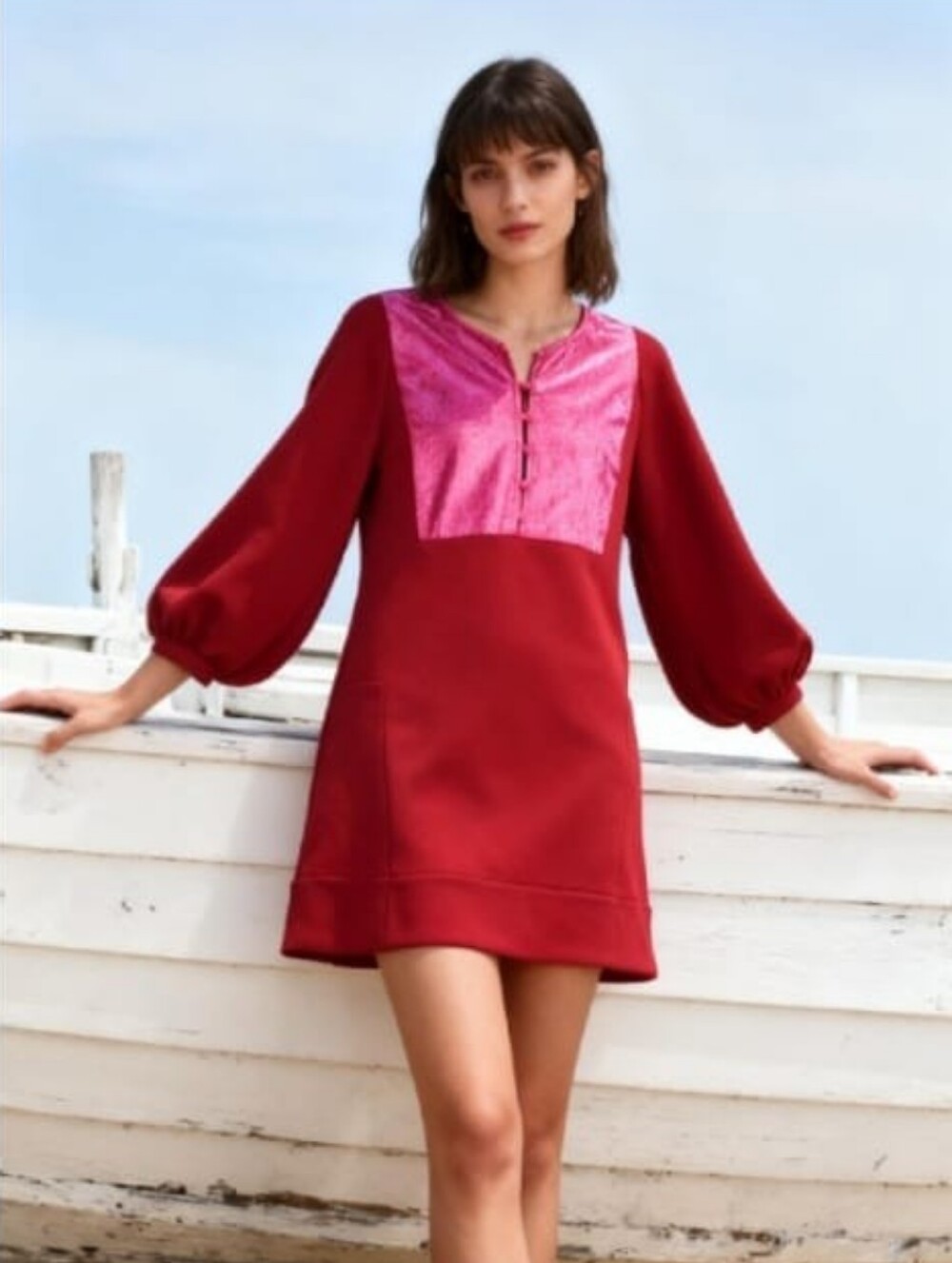 Buru Bib Front A-Line Balloon Sleeve Dress in Burgundy Size S